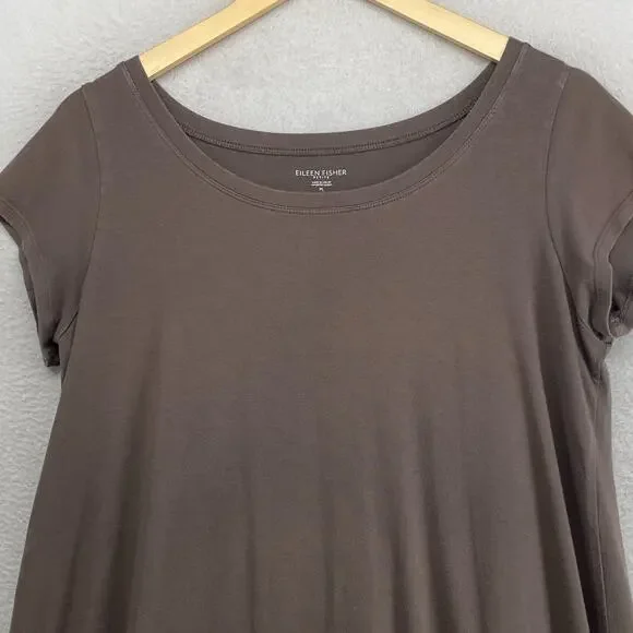 EILEEN FISHER Dress PL Organic Cotton Stretch Jersey T-Shirt Cap Sleeve Brown - Picture 4 of 10